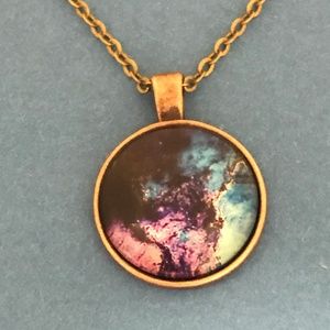 Pink & Blue Space Nebula Bronze/Copper Necklace